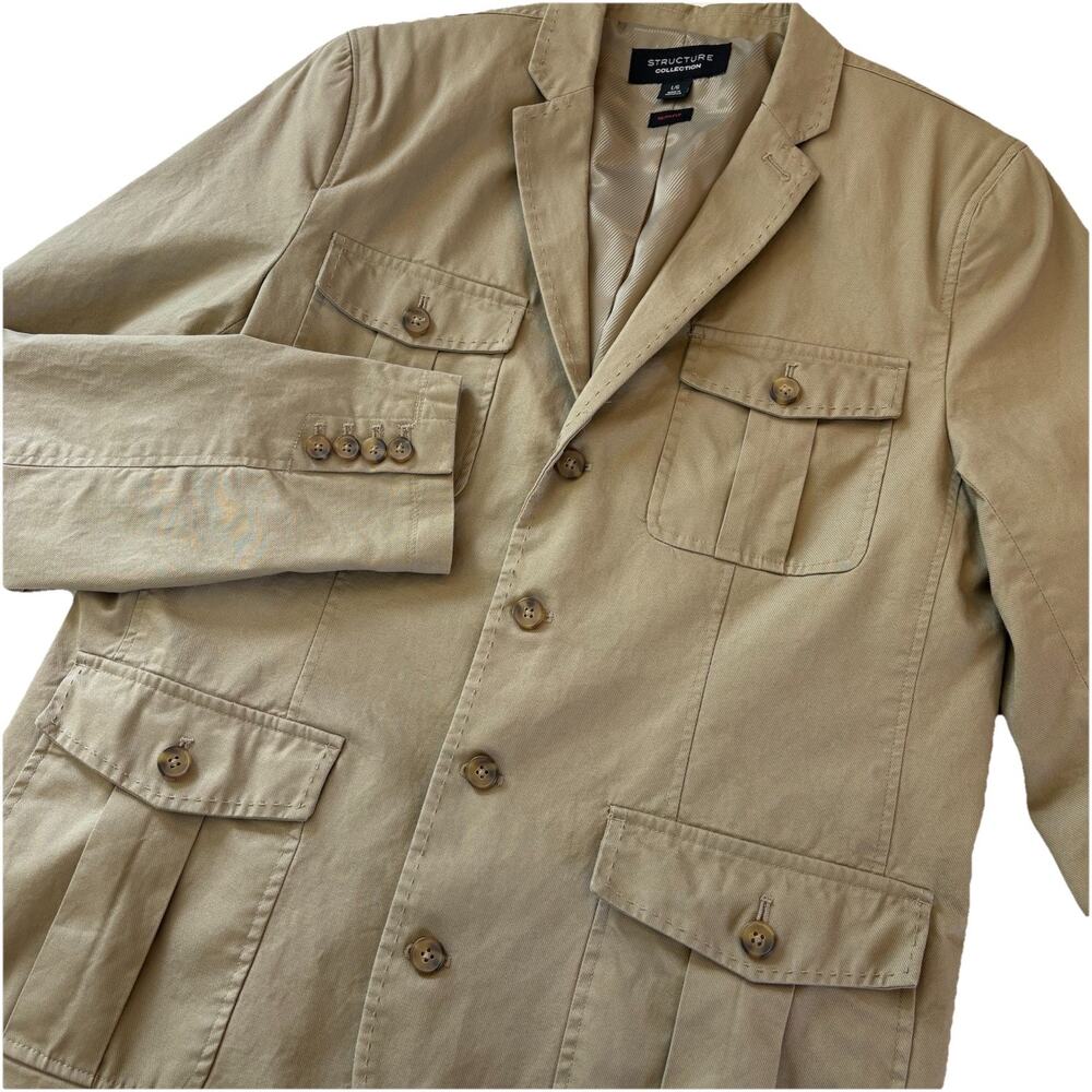 Structure Collection Men’s Slim Fit Blazer Tan Safari Utility Field Jacket Large